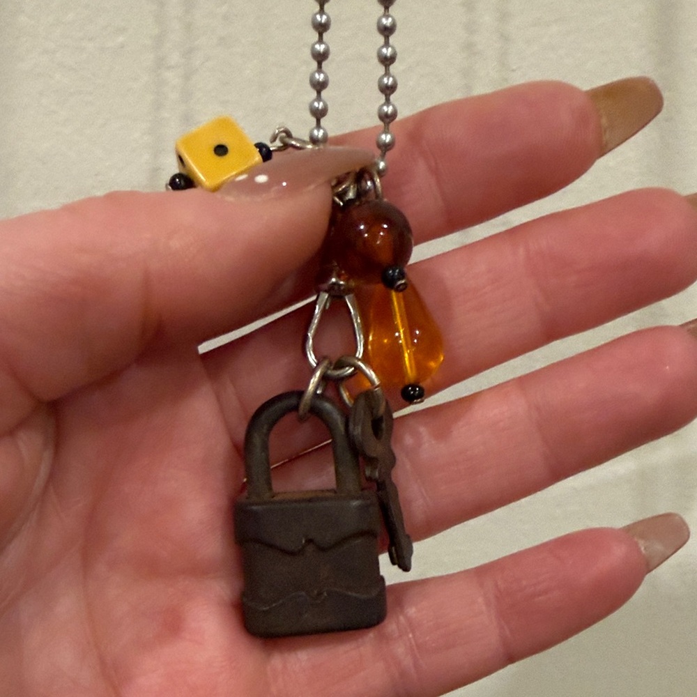 Handcrafted Necklace with vintage object  Charms: dice lock key on ball chain